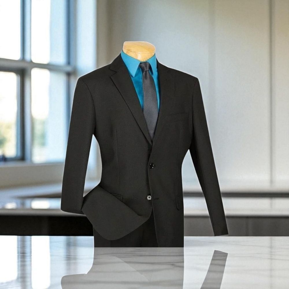 APOLLO KING MEN'S 2 PIECE MODERN FIT SOLID BLACK EXECUTIVE SUIT. 5604
